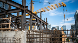 Construction site with steel framework and yellow crane against blue sky, no people visible