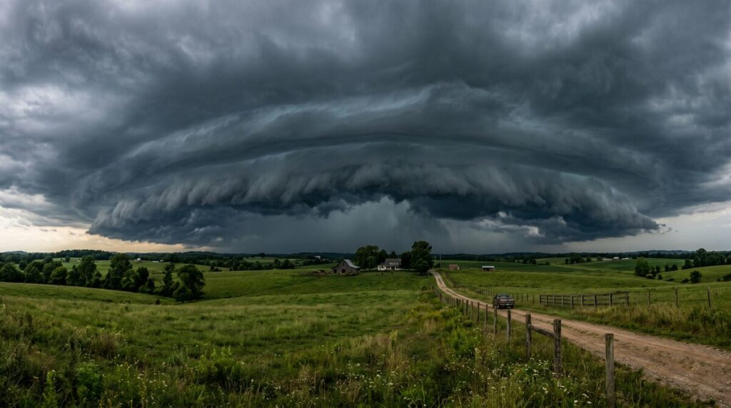 Dramatic storm clouds forming over rural Southern landscape