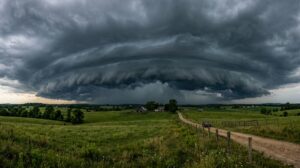 Dramatic storm clouds forming over rural Southern landscape