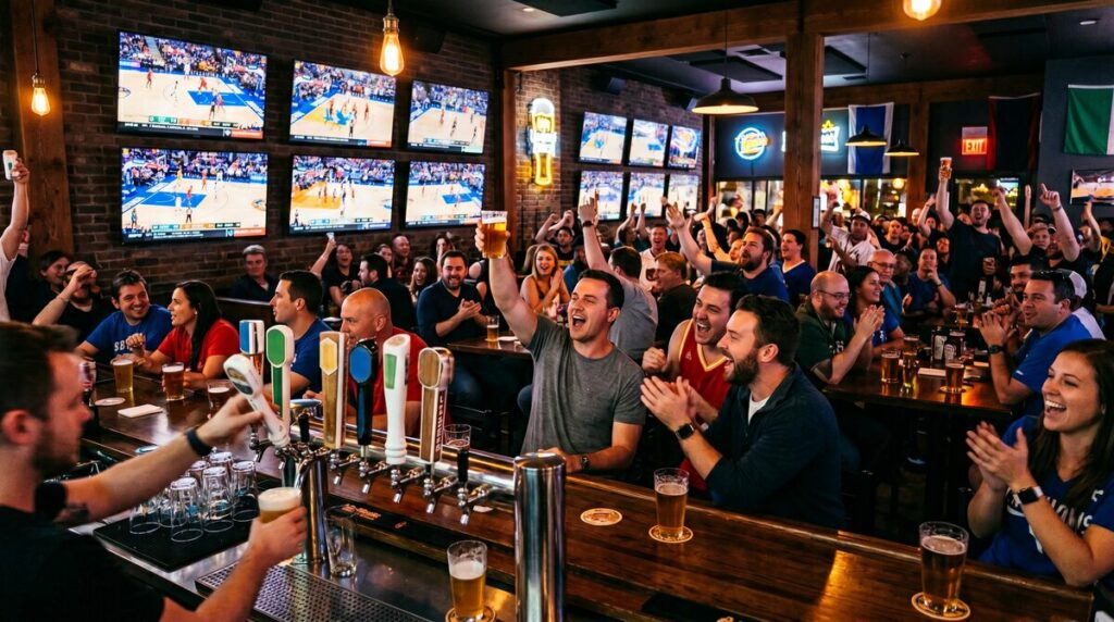 Fans watching NBA playoff basketball at a local sports bar