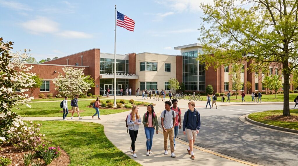 Modern public school building with students walking on campus