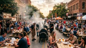 Outdoor BBQ festival in downtown Southern city with smoker grills and crowds