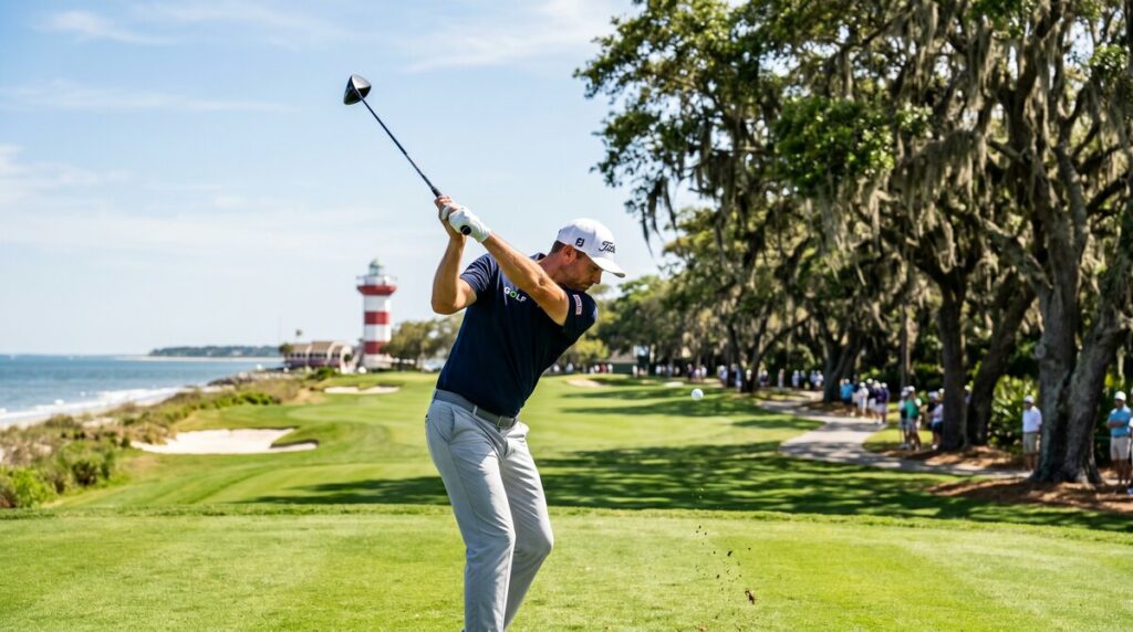Professional golfer swinging on a coastal golf course with lighthouse in background