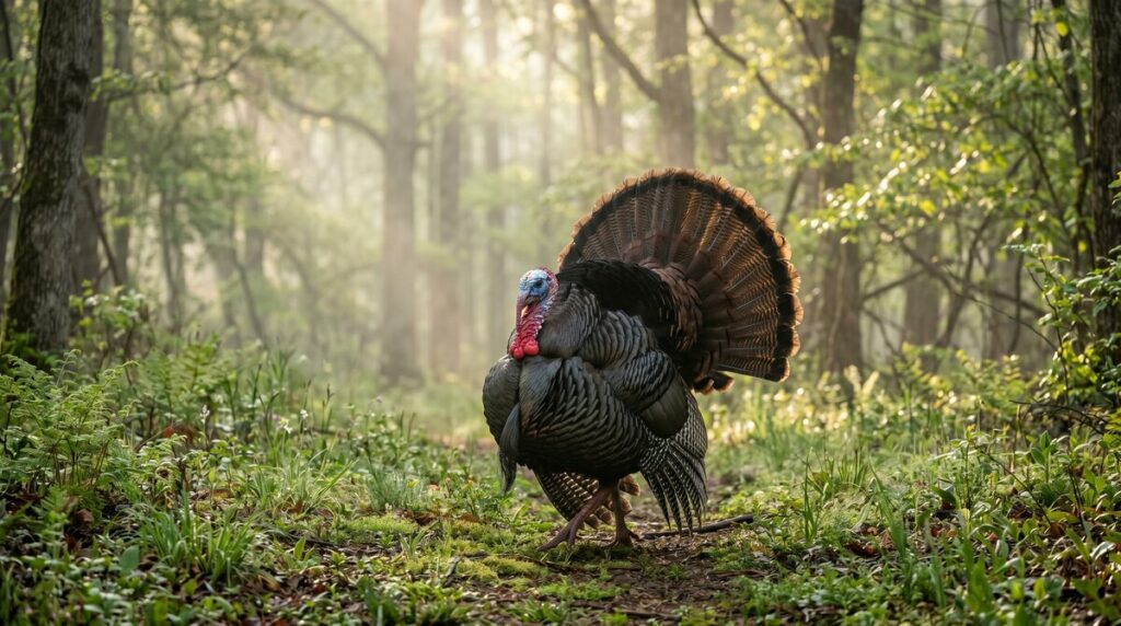 Wild turkey tom with fanned tail feathers in a Southern forest clearing