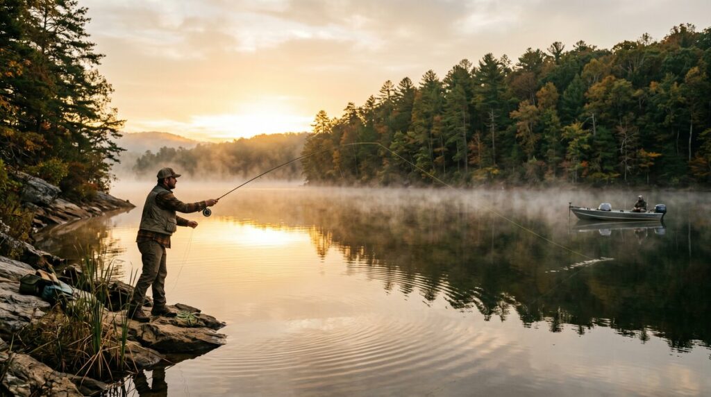 Angler casting a line into a misty lake at sunrise in the Upstate