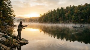 Angler casting a line into a misty lake at sunrise in the Upstate