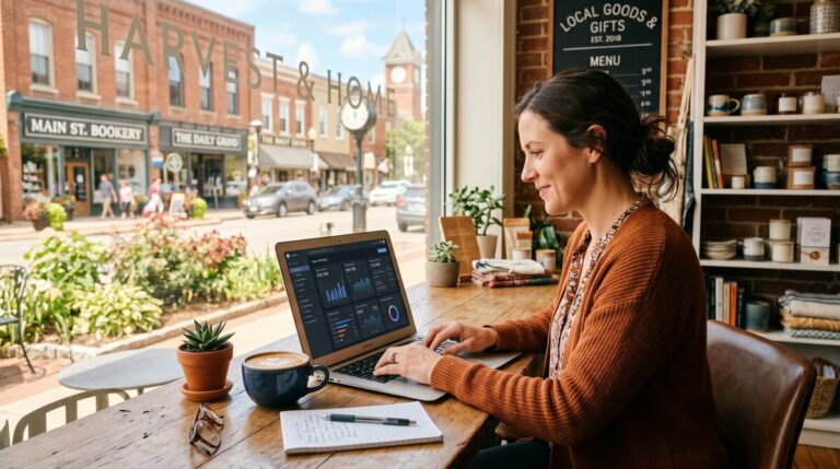 Small business owner working on laptop with analytics dashboard in downtown storefront