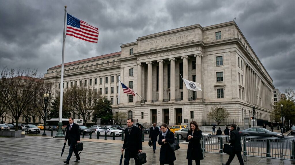 Pedestrians walk past Federal Reserve building in Washington DC