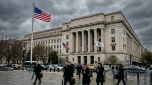Pedestrians walk past Federal Reserve building in Washington DC