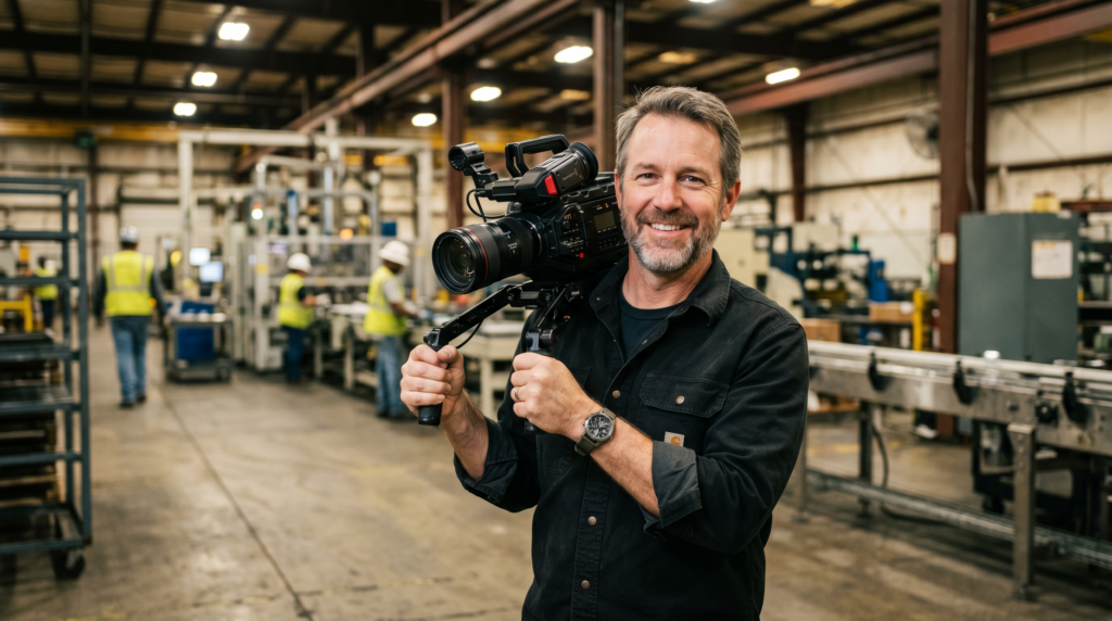 Joel Simpson founder of Firetower Media holding a cinema camera on a Carolinas manufacturing floor