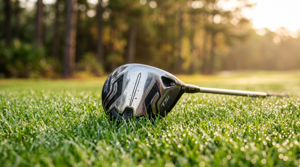 Close-up of golf club head on dewy green fairway grass, no people
