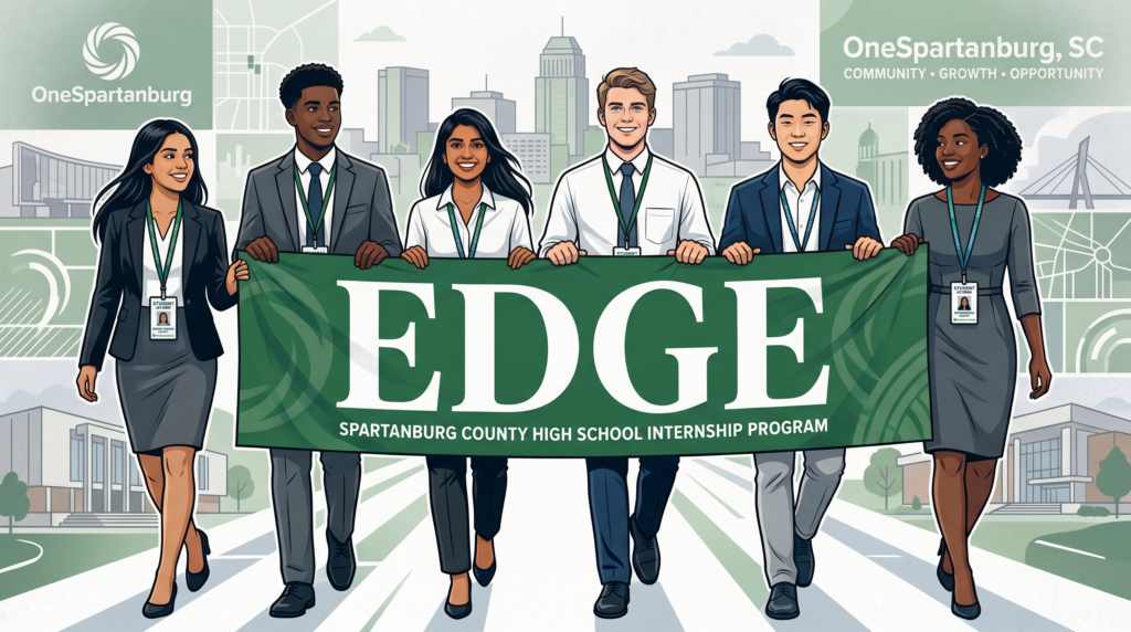 Spartanburg County high school students hold an EDGE banner representing OneSpartanburg work-based learning program