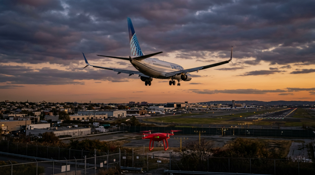 United Airlines Boeing 737 on approach with a red drone in foreground representing the April 2026 San Diego drone strike incident