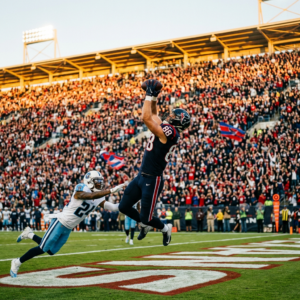 NFL tight end celebrating a touchdown in a Patriots stadium during a playoff game