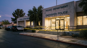Police department entrance with crime scene tape, Redlands California
