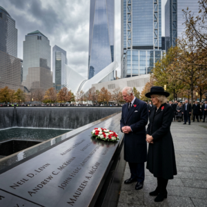 King Charles and Queen Camilla at the 9/11 Memorial reflecting pool in Lower Manhattan