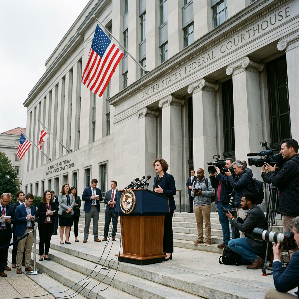 U.S. federal courthouse exterior with American flag, DOJ press conference setting