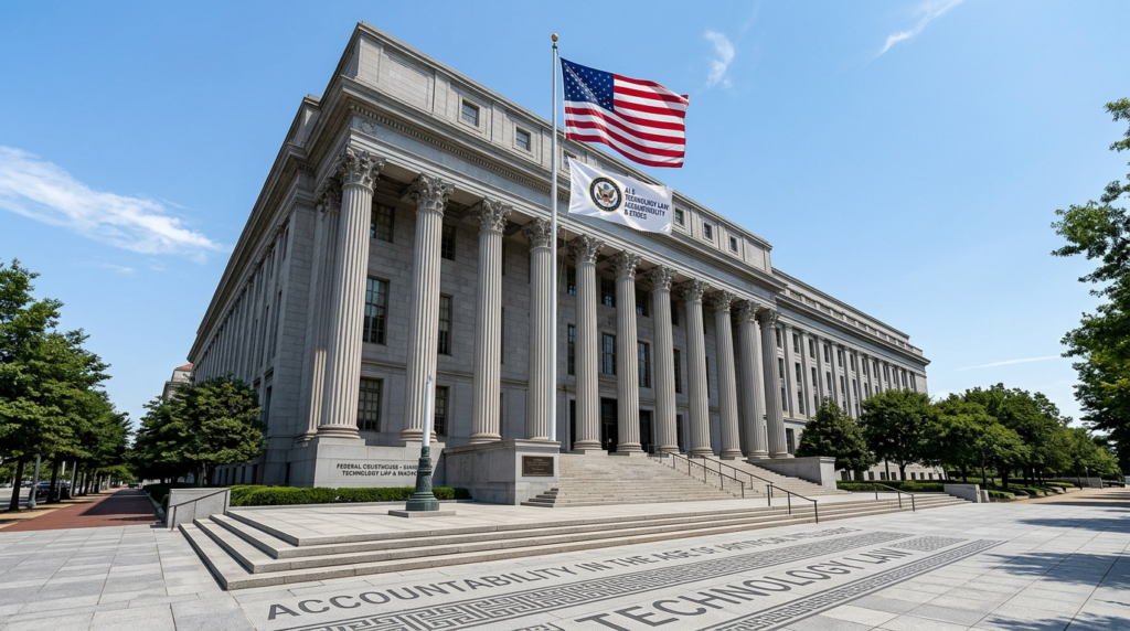 Federal courthouse columns with American flag, symbolizing AI accountability lawsuit