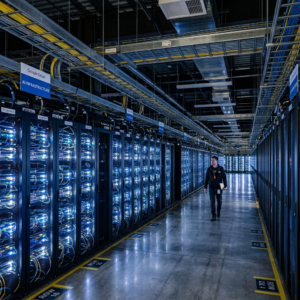 Interior of a Google Cloud data center with rows of server racks under blue LED lighting