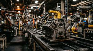 Industrial automotive assembly line with robotic arms, no people