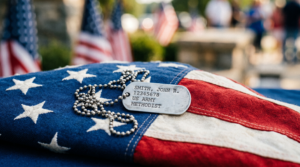 Military dog tag resting on folded American flag fabric, no people visible