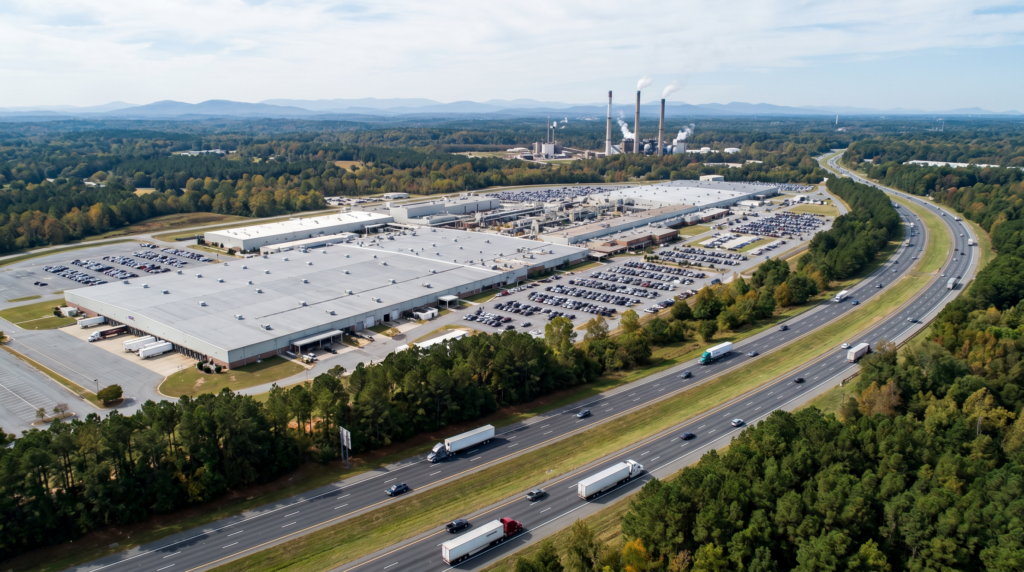Aerial view of Spartanburg SC automotive plant along I-85 with industrial smokestacks
