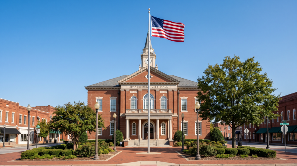 Spartanburg SC city hall building exterior with American flag