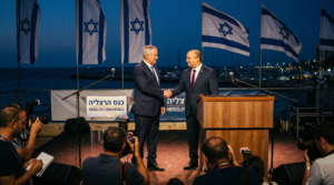 Former Israeli prime ministers Naftali Bennett and Yair Lapid shake hands at joint press conference in Herzliya