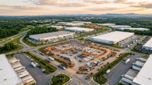Aerial view of Spartanburg County industrial park with logistics warehouses, distribution centers under construction, and Blue Ridge Mountains backdrop representing 2025 economic development investment