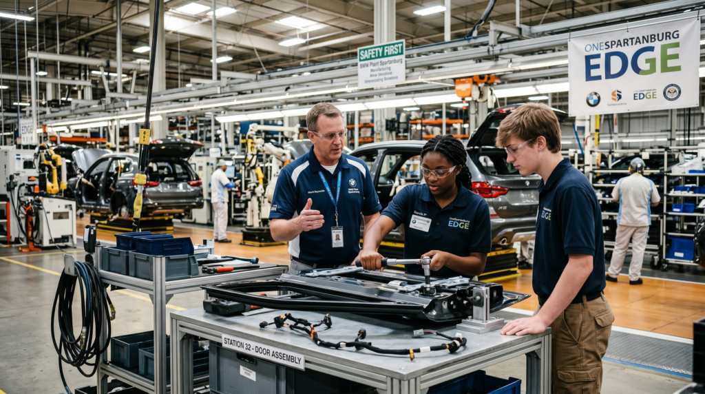 Spartanburg County high school students in OneSpartanburg EDGE work-based learning program at a Spartanburg manufacturing employer site
