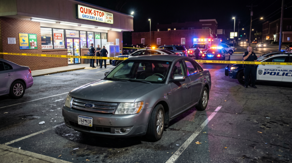 Gray Ford Taurus in a Spartanburg convenience store parking lot with police tape and emergency lights