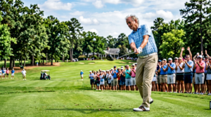 Bill Murray swinging a golf club at the Country Club of Spartanburg during the BMW Charity Pro-Am