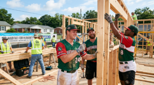 Hub City Spartanburgers players volunteering at a Habitat for Humanity build site in Spartanburg