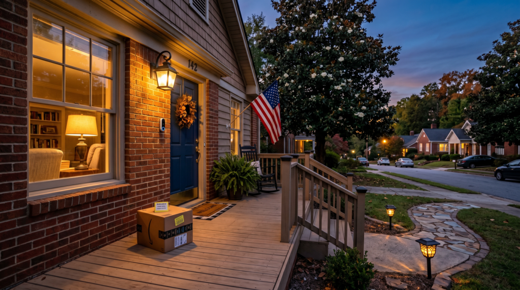 Spartanburg residential front porch at dusk with motion-activated light, smart doorbell camera, and timer-lit interior making the home look occupied