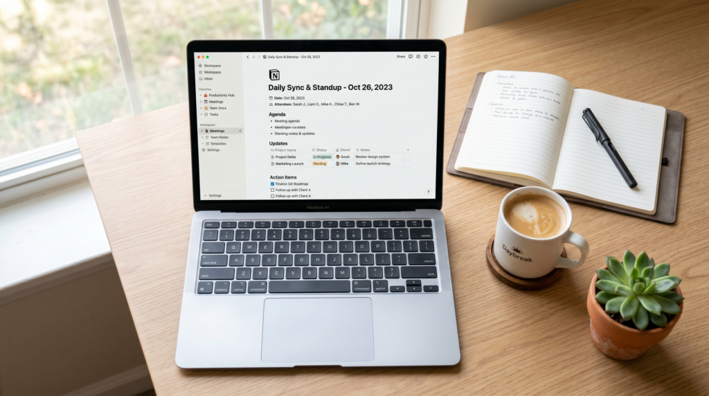 Notion app open on a laptop showing meeting notes and a workspace database for a Spartanburg small business