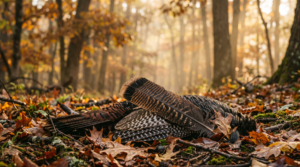 Wild turkey feathers on autumn hardwood forest floor with morning mist, no people