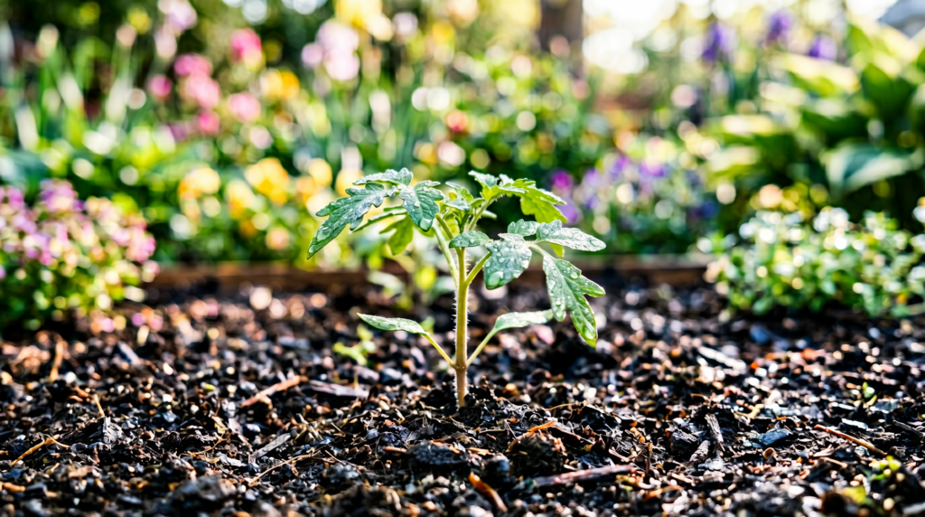 Close-up tomato seedling in dark garden soil with blurred spring garden background, no people