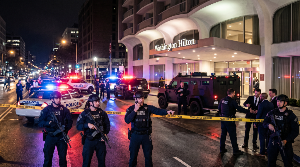 Secret Service agents securing the Washington Hilton entrance after shots fired at the White House Correspondents Dinner