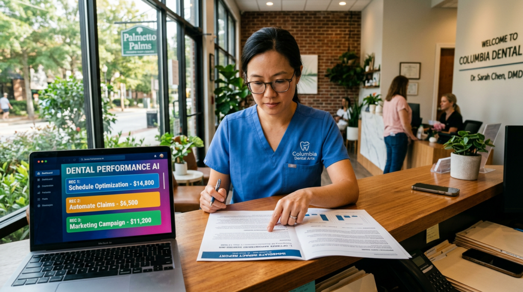 Columbia, SC business owner reviewing the Charles Interactive Immediate Impact Report at her dental office front desk, with three named AI recommendations and dollar figures on the laptop next to it