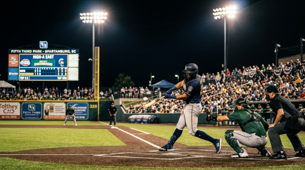 Hub City Spartanburgers batter at Fifth Third Park during April 2026 game against Greenville Drive