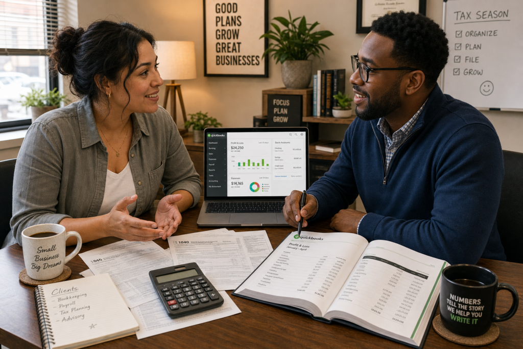 Small business owner meeting with accountant reviewing QuickBooks and tax forms