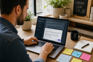 Small business owner using an AI assistant to draft customer emails