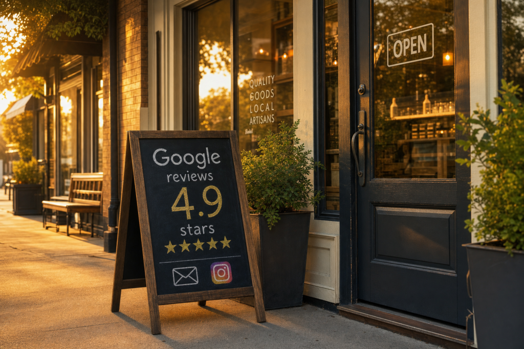 Small business storefront with Google reviews chalkboard and email and social icons