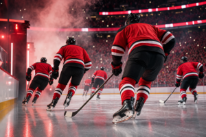 Carolina Hurricanes players take the ice before a playoff game