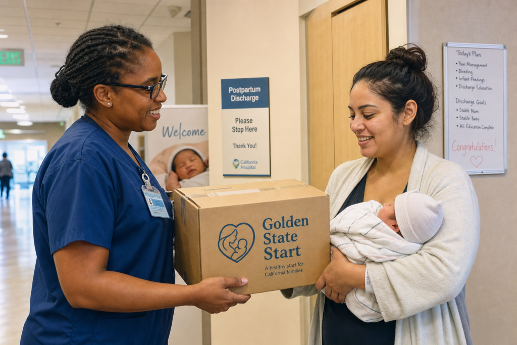 Nurse handing Golden State Start diaper box to new mother at California hospital discharge