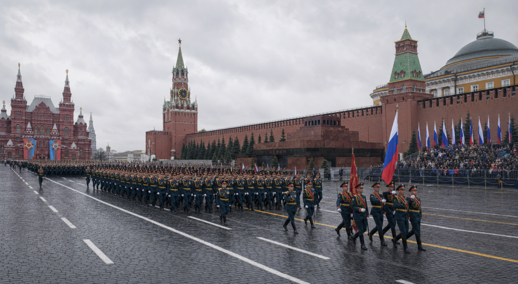 Russian soldiers march in formation through Red Square during the 2026 Victory Day parade without military vehicles