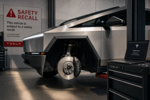 Tesla Cybertruck at service center showing brake rotor and wheel assembly subject to recall 26V255
