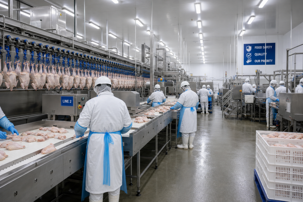 Workers on a chicken processing line inside a large meatpacking facility