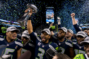 Seattle Seahawks players celebrate their Super Bowl championship at Lumen Field