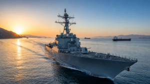 U.S. Navy destroyer patrolling the Strait of Hormuz as part of Project Freedom operations